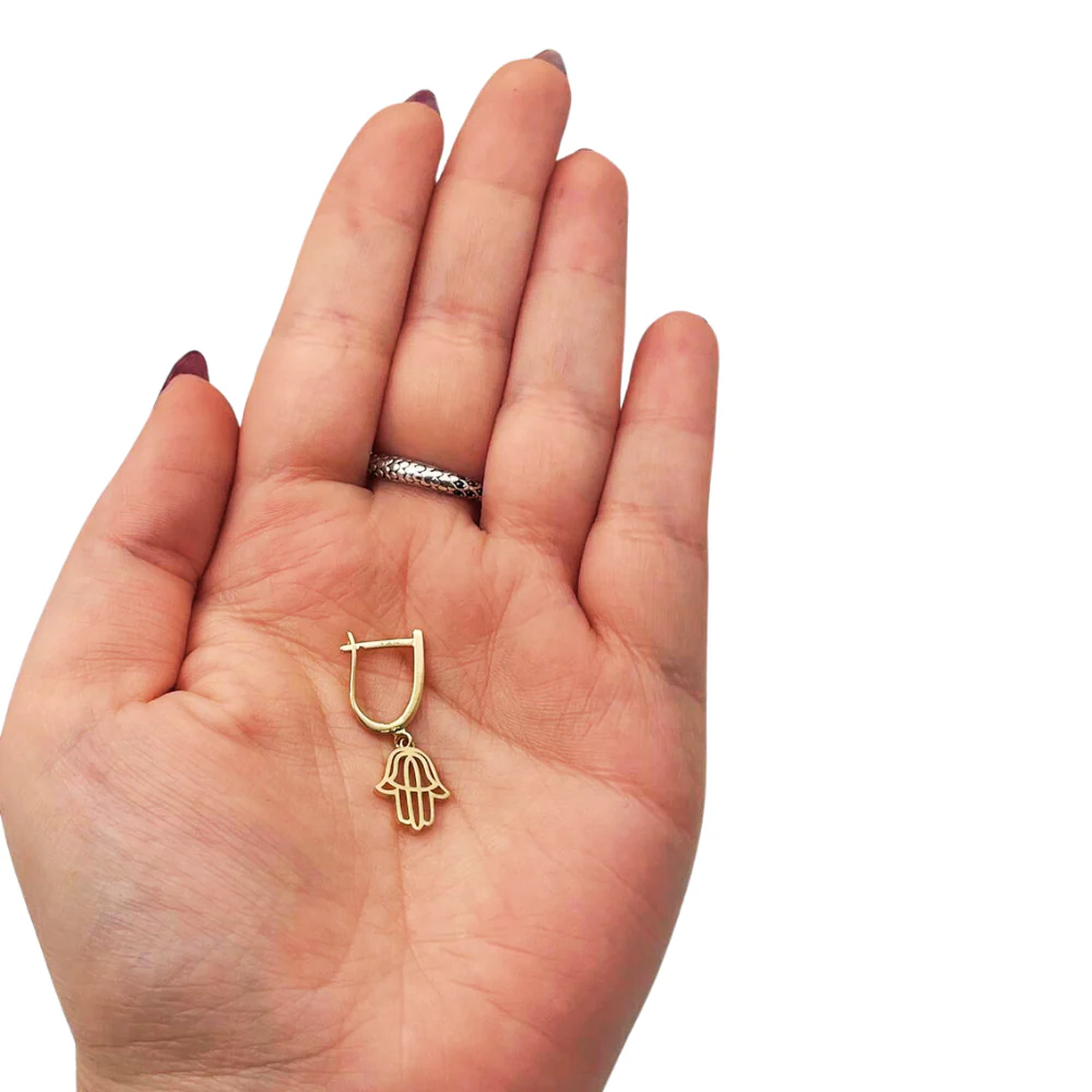 Hamsa Dangling Earrings in 14K Gold - Image 2