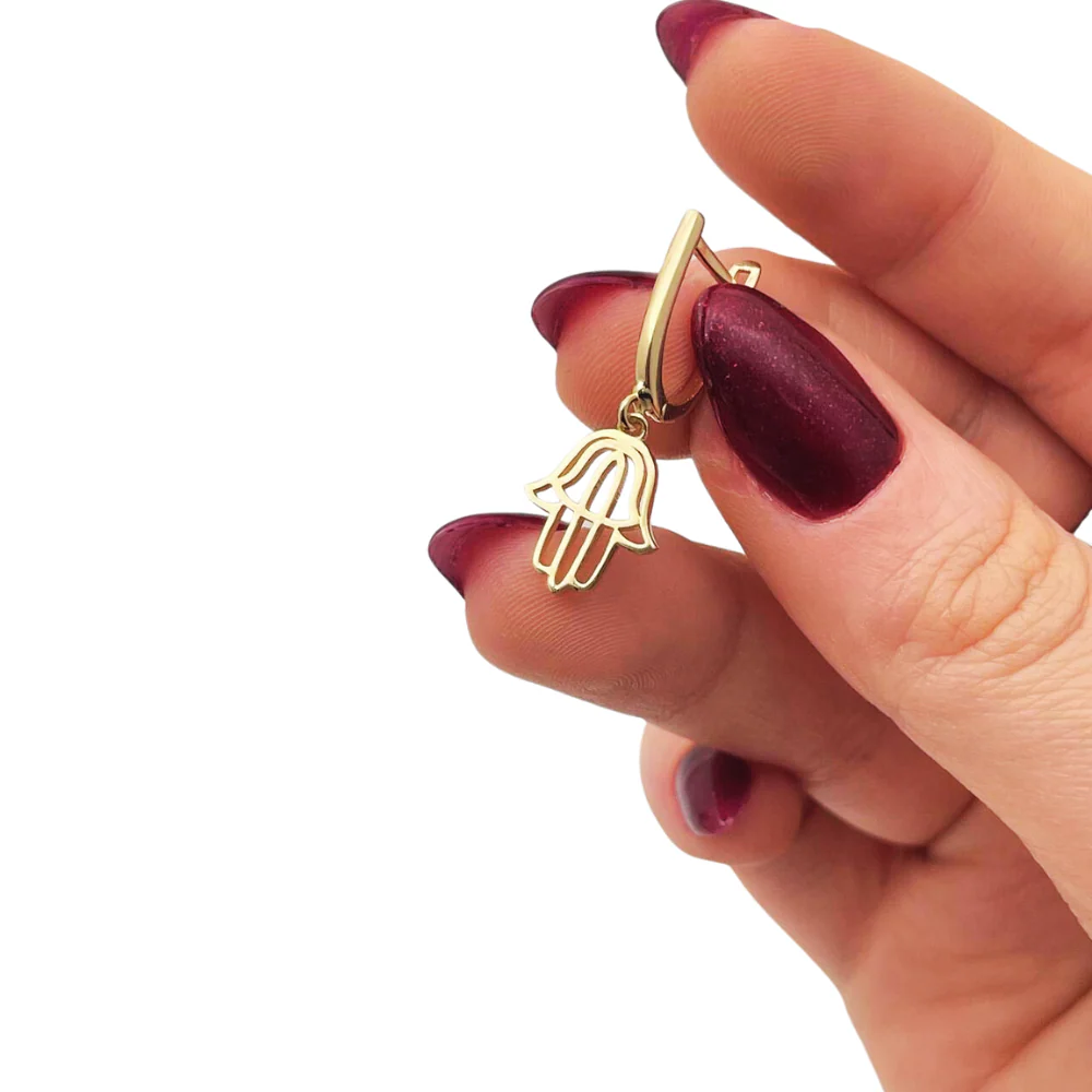Hamsa Dangling Earrings in 14K Gold - Image 3
