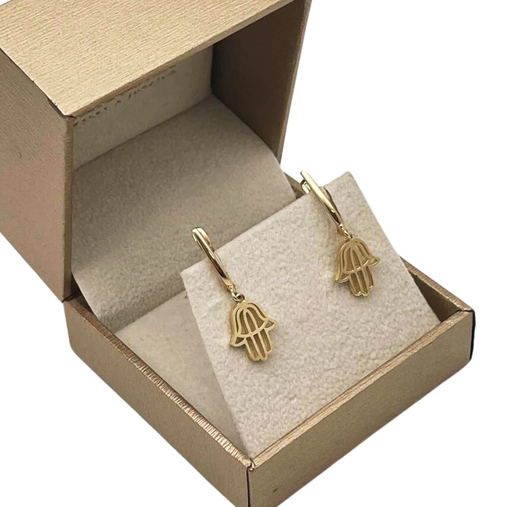Hamsa Dangling Earrings in 14K Gold - Image 5