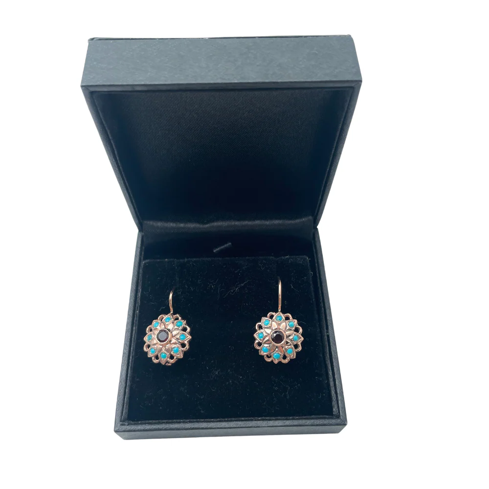 14K Rose Gold Vintage Style Flower Earrings with Garnet and Turquoise - Image 4