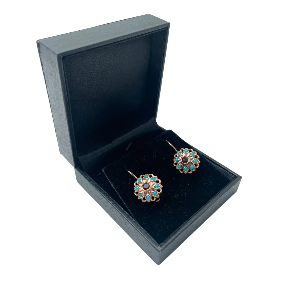 14K Rose Gold Vintage Style Flower Earrings with Garnet and Turquoise - Image 5