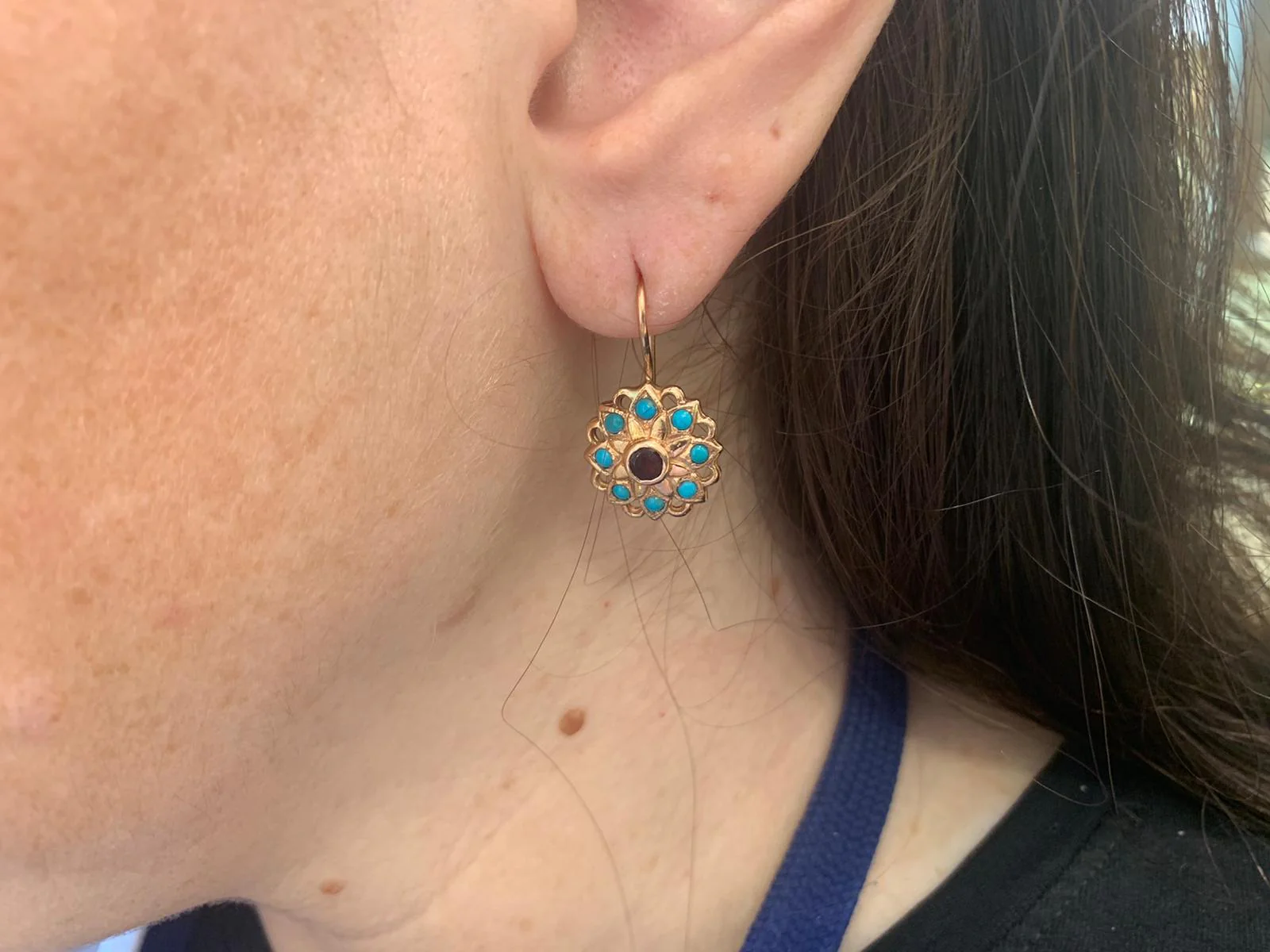 14K Rose Gold Vintage Style Flower Earrings with Garnet and Turquoise - Image 7