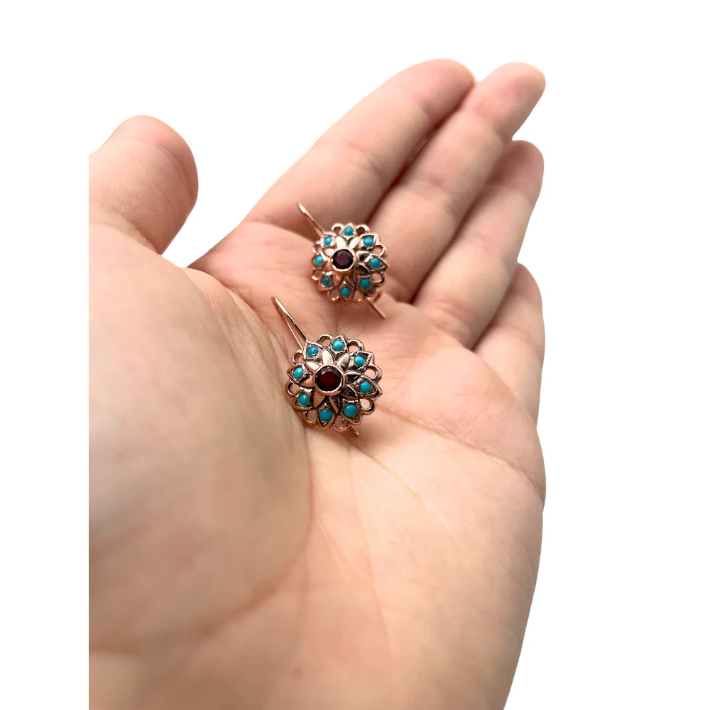 14K Rose Gold Vintage Style Flower Earrings with Garnet and Turquoise - Image 9