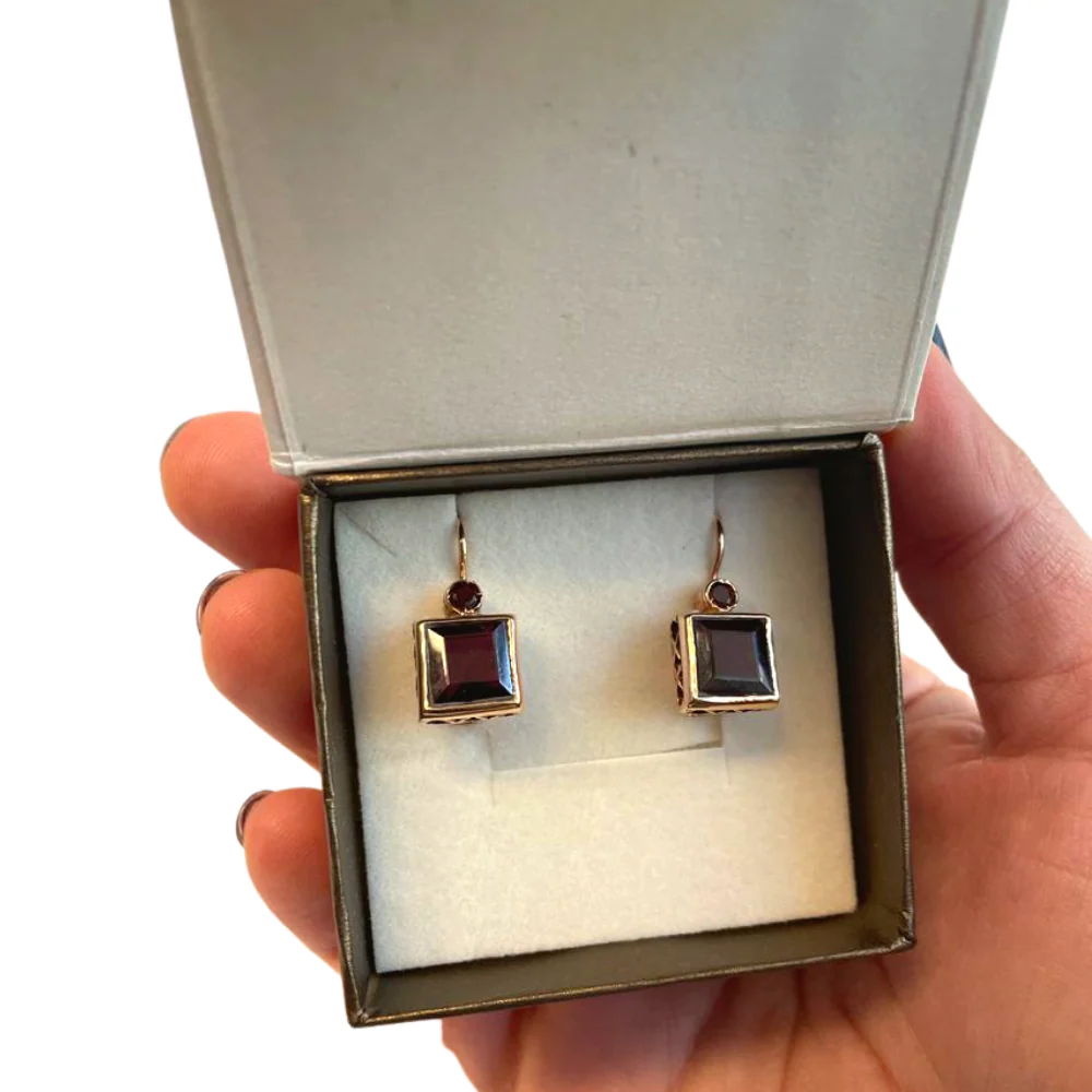 14K Rose Gold Square Garnet Earrings - Image 4