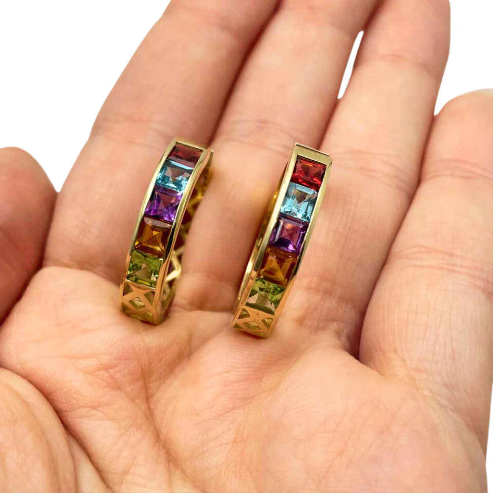 Colourful Gemstone Gypsy Hoop Earrings in 14k Gold - Image 3
