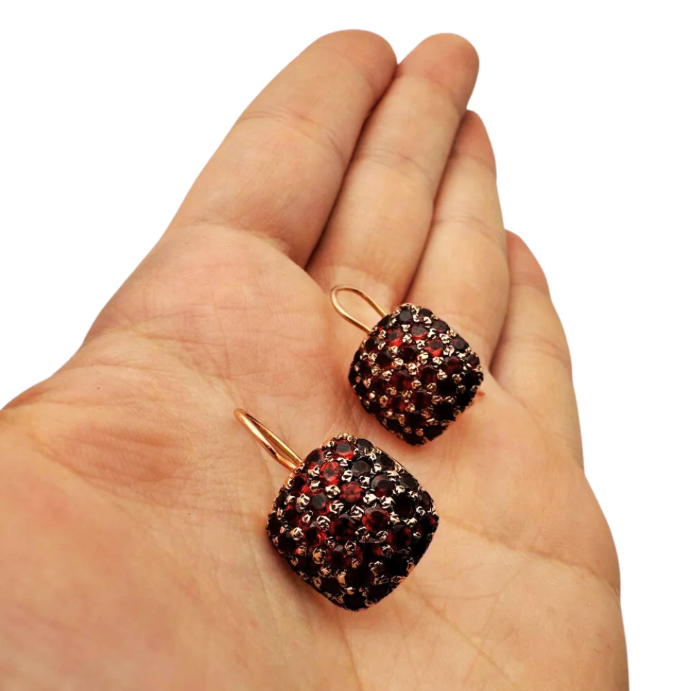 14K Rose Gold Garnet Pavé Square Earrings - Image 4