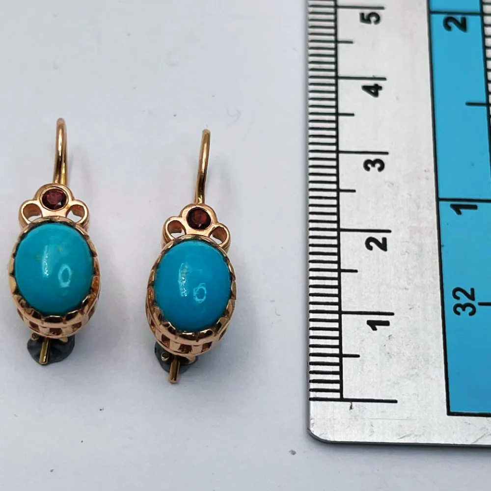 Oval Turquoise & Garnet Earrings in 14K Rose Gold - Image 4