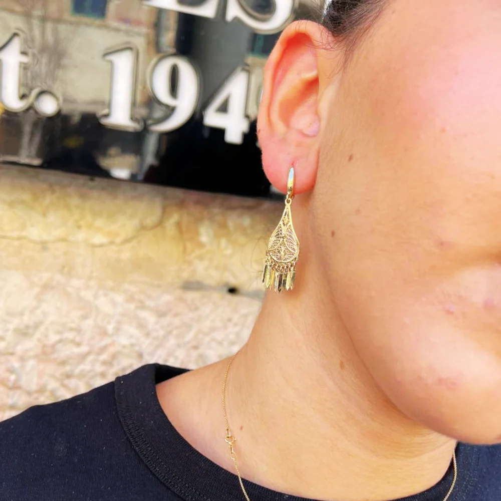 14K Gold Teardrop Fringe Filigree Earrings - Image 4