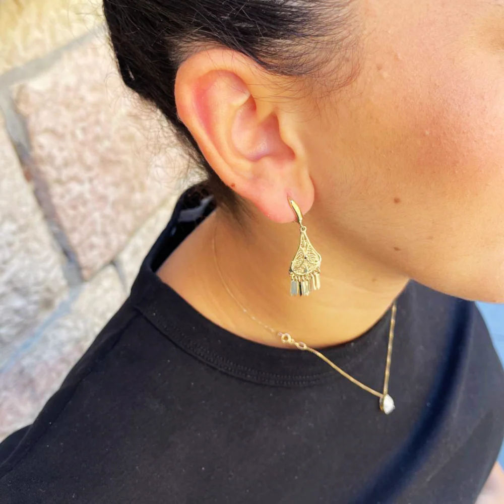 14K Gold Teardrop Fringe Filigree Earrings - Image 5