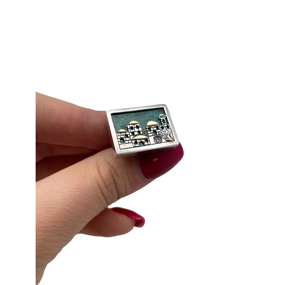 Jerusalem Skyline Cufflinks in Sterling Silver & Gold with Eilat Stone - Image 4