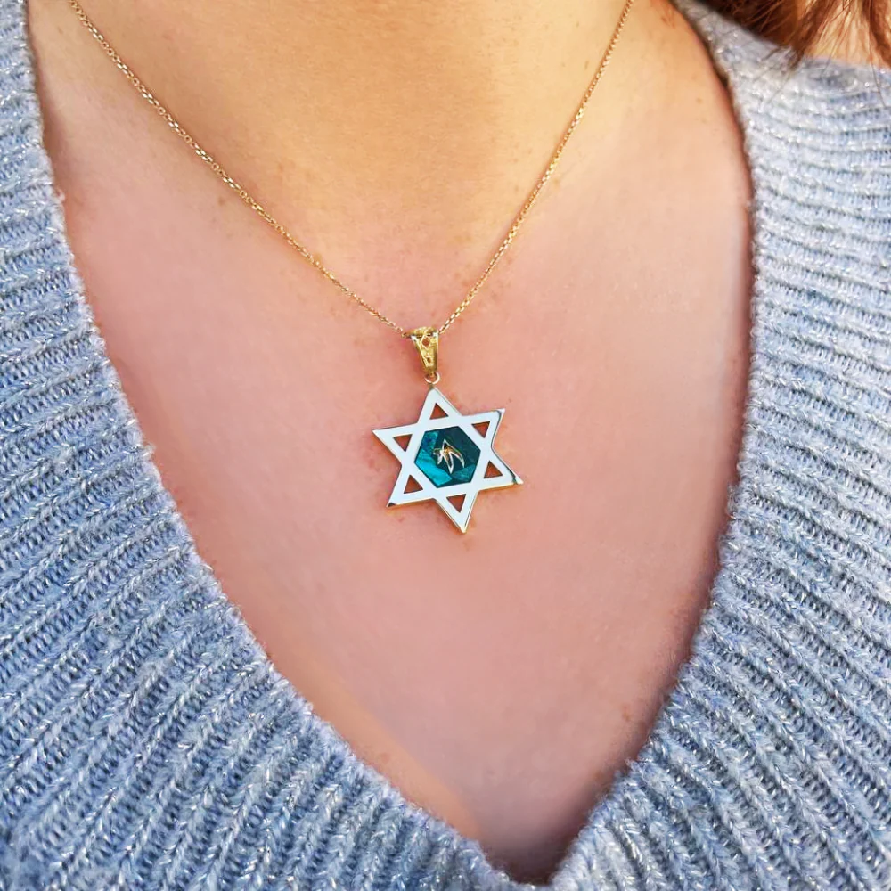 Star of David and Stylized Chai Pendant in 14K Gold with Eilat Stone - Image 5