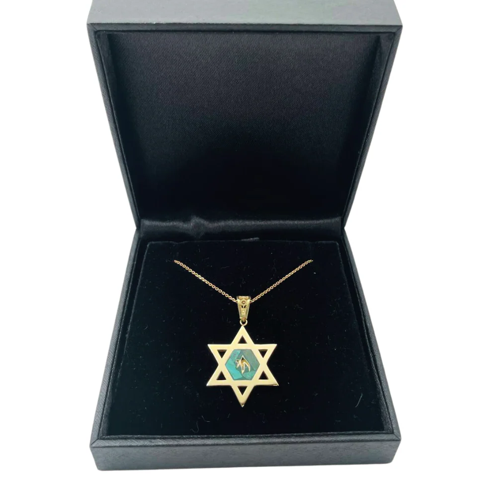 Star of David and Stylized Chai Pendant in 14K Gold with Eilat Stone - Image 7