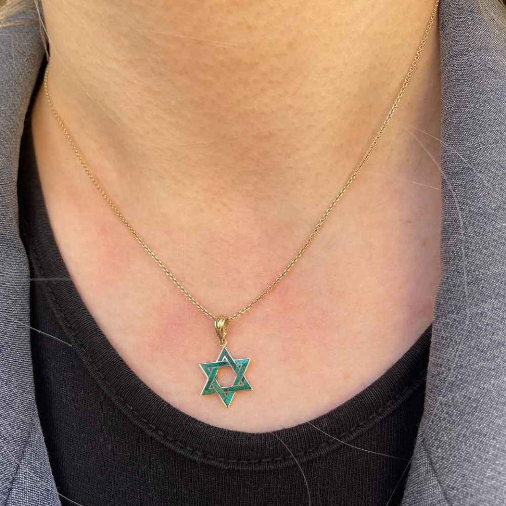 Eilat Stone Star of David Pendant in 14K Gold - 14 mm Size - Image 4