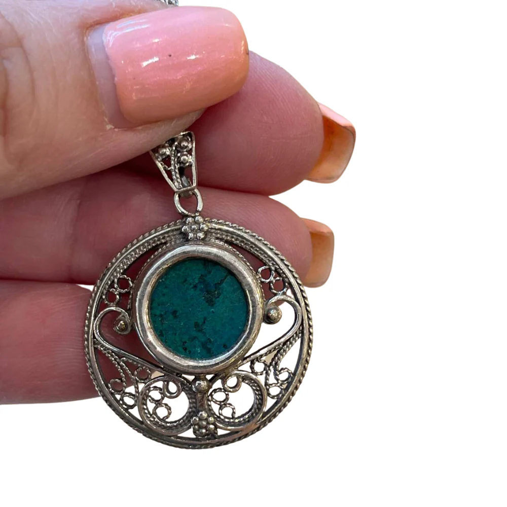 Eilat stone jewellery - Round Yemenite Style Eilat Stone Silver Necklace - Image 3