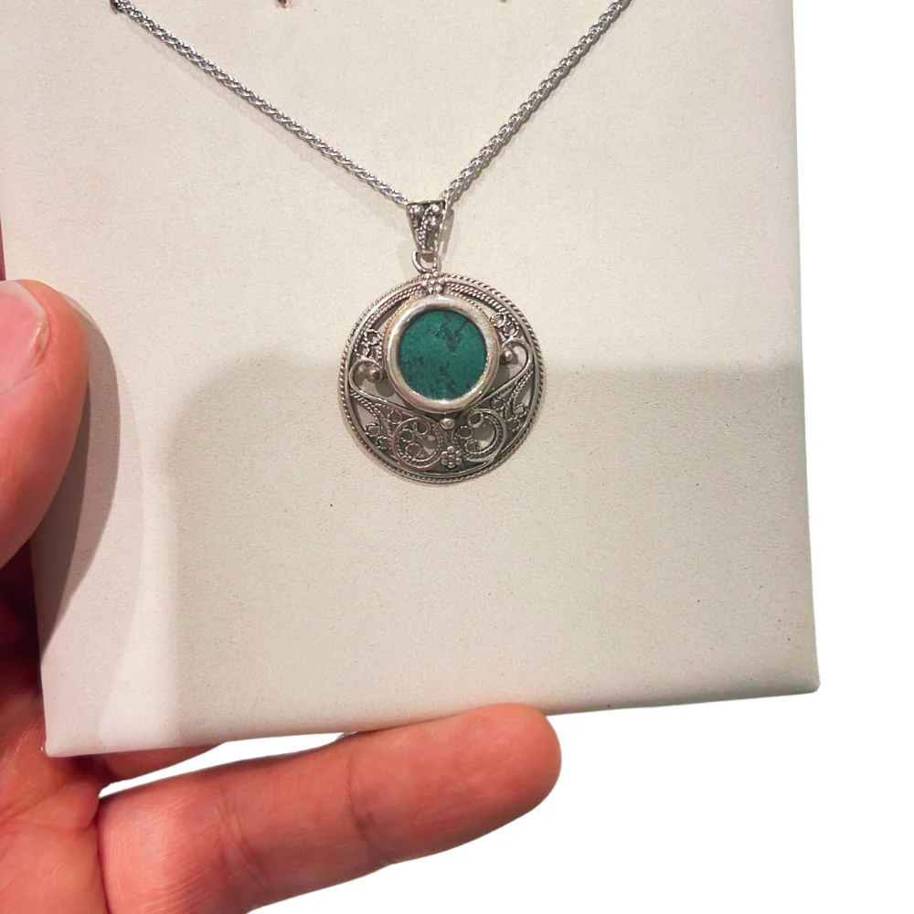 Eilat stone jewellery - Round Yemenite Style Eilat Stone Silver Necklace - Image 4