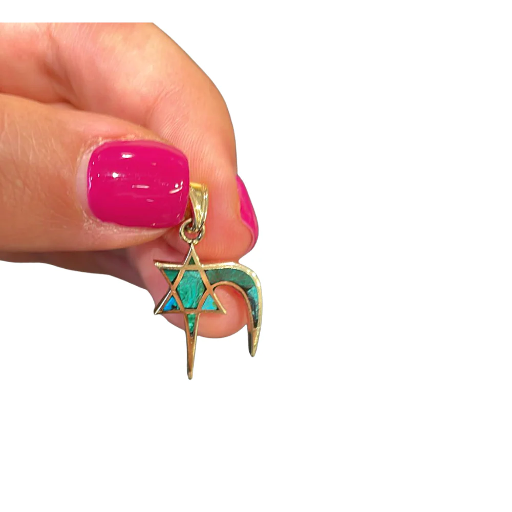 Star of David Pendant - 14K Gold Chai and with Eilat Stone - Image 2