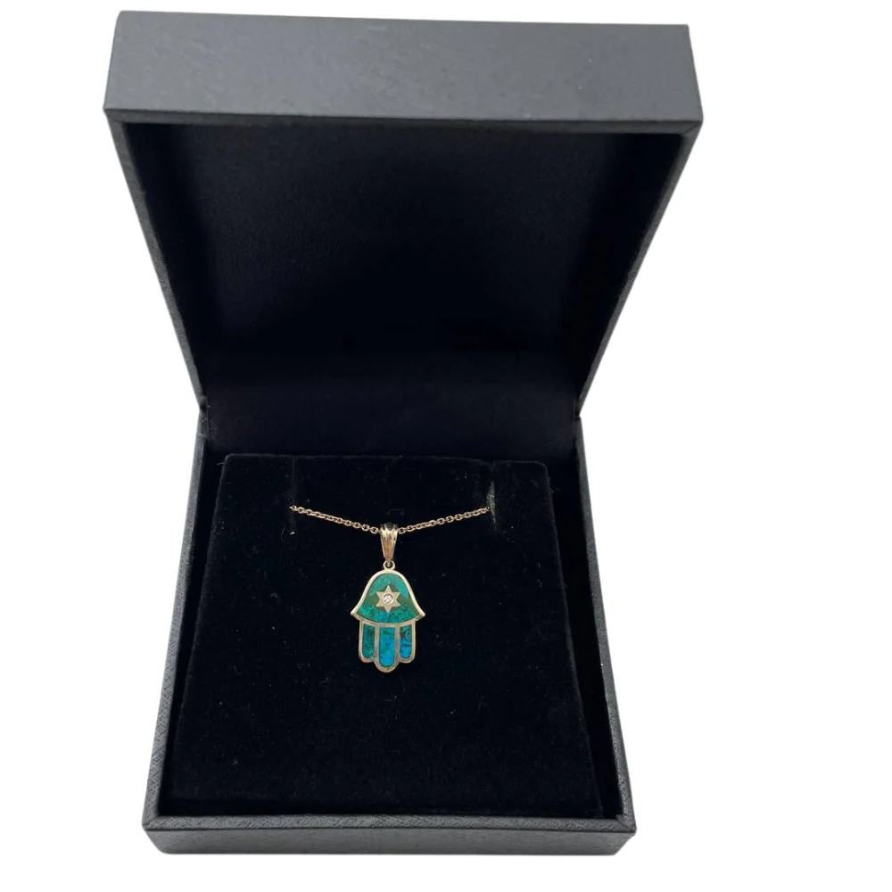 Hamsa Star of David Pendant in 14K Gold with Diamond & Eilat - Image 7