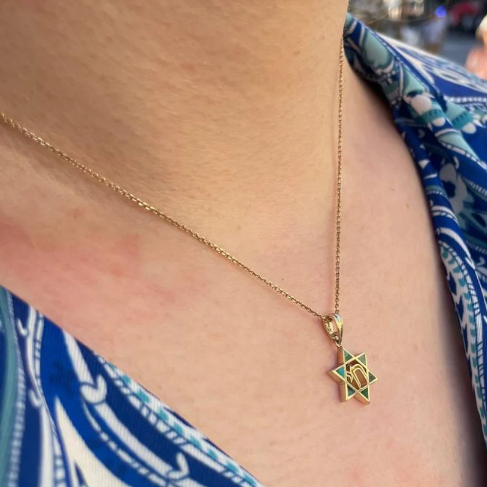Star of David and Chai Pendant with Eilat Stone in 14K Gold - Image 4