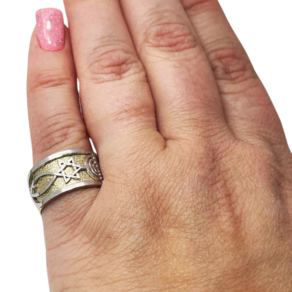 Star of David Messianic Seal of Jerusalem Ring - 14K Gold Two Tone Grafted-In Ring - Image 6
