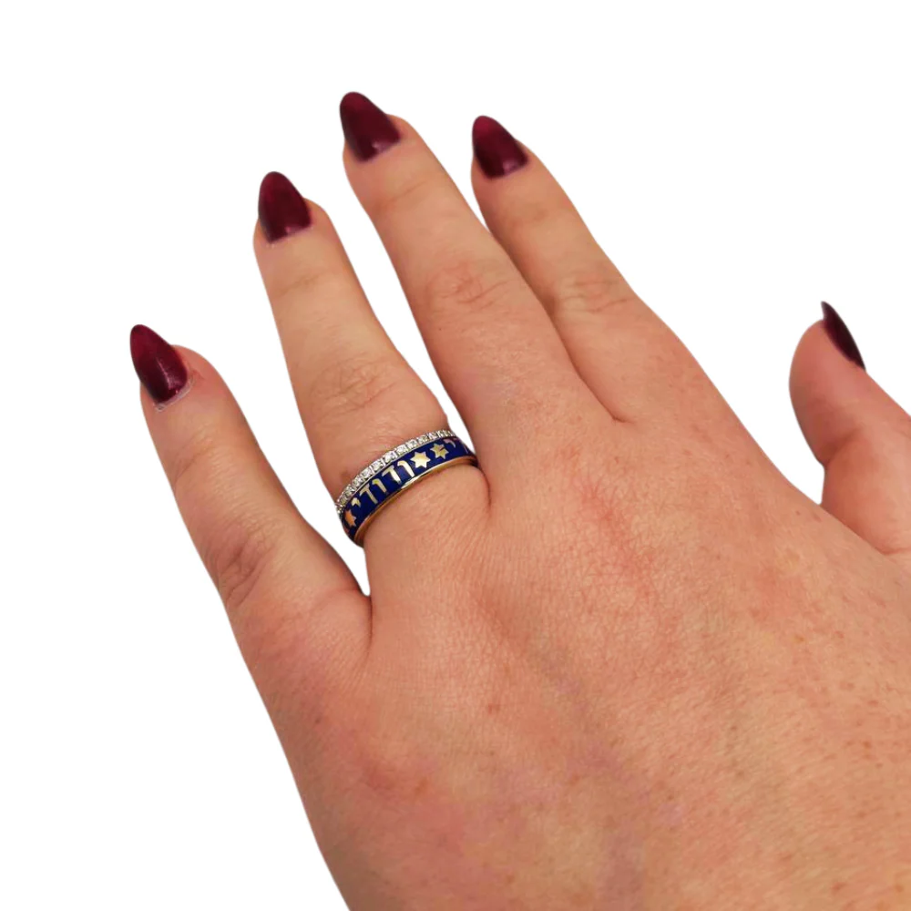 Ani Ledodi Diamond Hebrew Wedding Ring in 14K Gold and Blue Enamel - Image 4