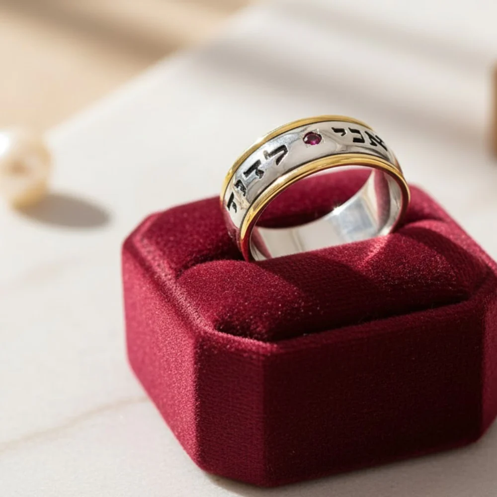 Silver and Gold Ruby Ani L'dodi Jewish Wedding Ring - Image 5