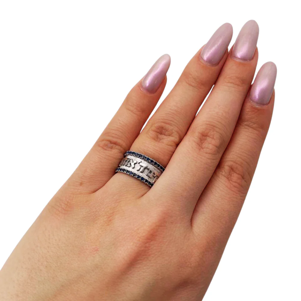 14k White Gold Wide Blue Sapphire Ani Ledodi Ring - Image 2
