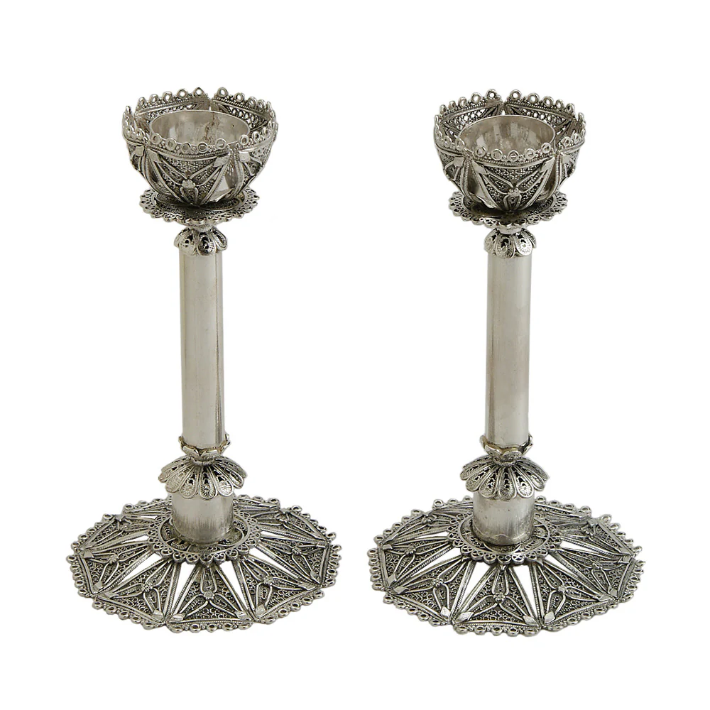 Filigree and Smooth Silver Candlesticks