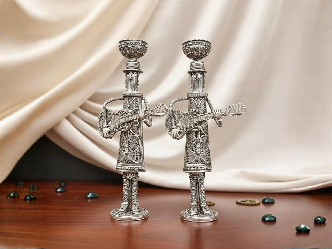 Hasidic Musicians Sterling Silver Candlesticks - Image 2