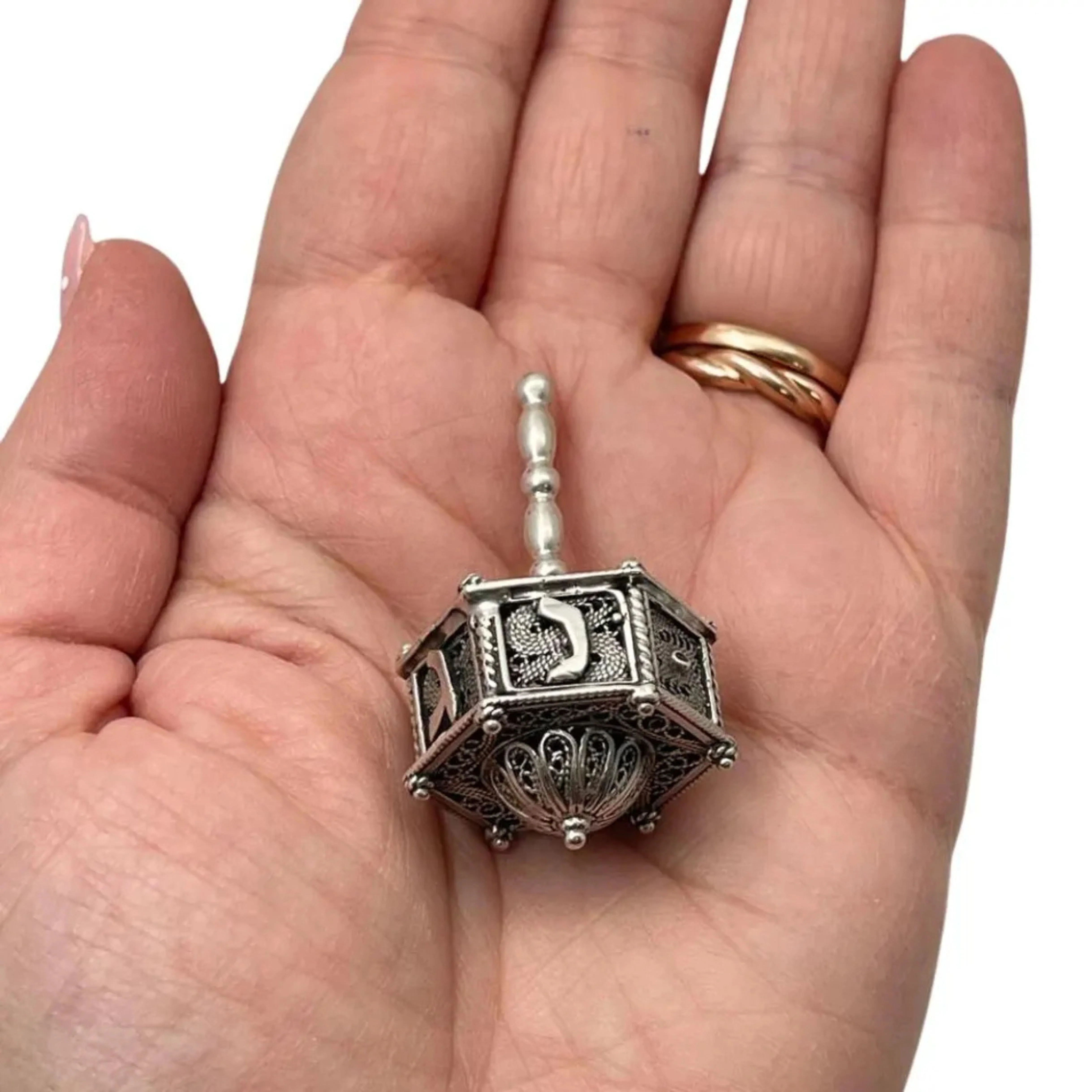 Sterling Silver Hexagon Dreidel with Filigree Art - Image 5