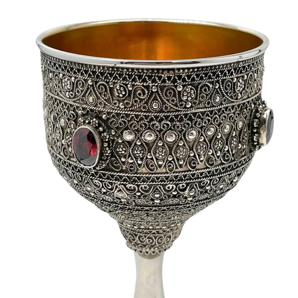 Kiddush Cup with Full Silver Filigree and Garnet Stones - Image 3
