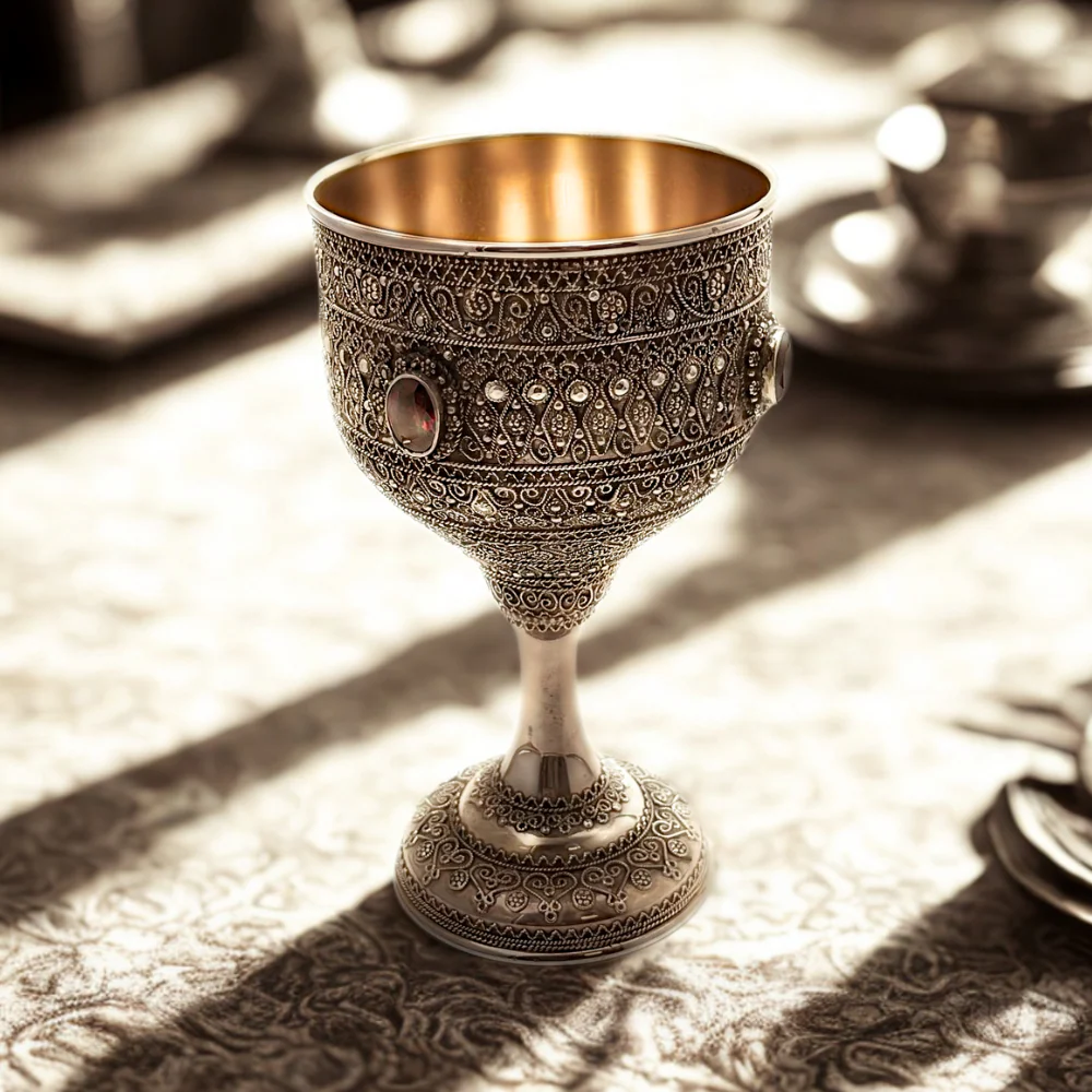 Kiddush Cup with Full Silver Filigree and Garnet Stones - Image 5