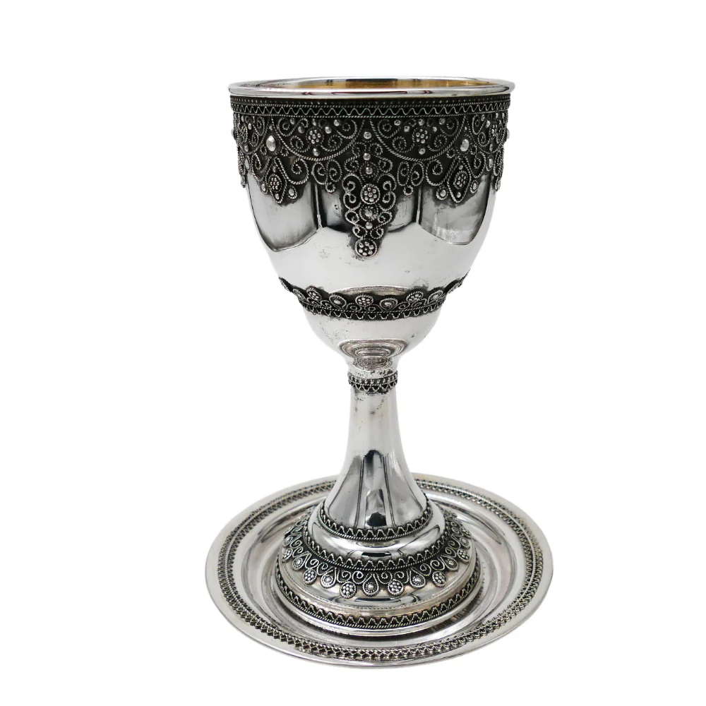 Sterling Silver Kiddush Cup Yemenite Filigree with Stem - Image 4