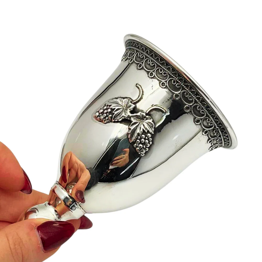 Silver Kiddush Cup with Filigree Stem - Hebrew Blessing over Wine and Grapes Pattern - Image 4