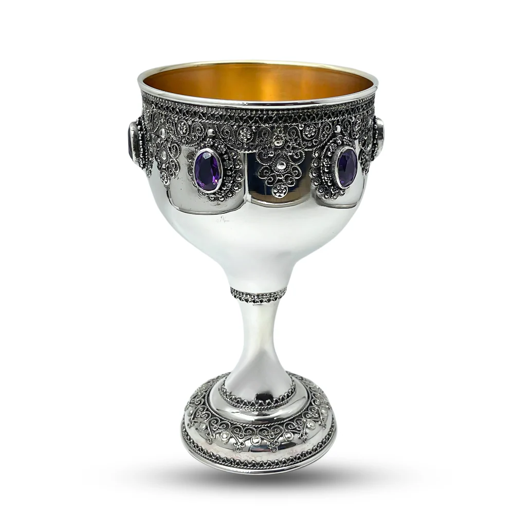 Amethyst Kiddush Cup Set in Sterling Silver with Filigree Yemenite Art - Image 2