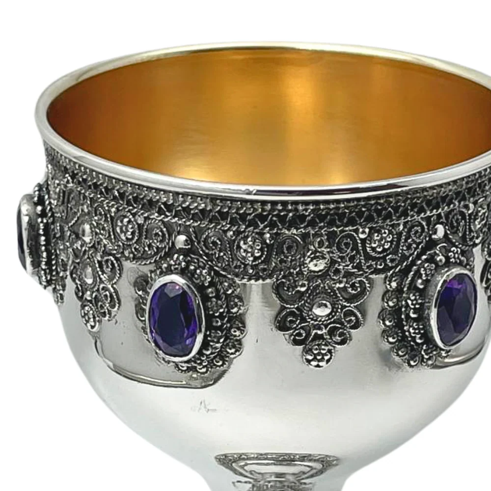Amethyst Kiddush Cup Set in Sterling Silver with Filigree Yemenite Art - Image 6