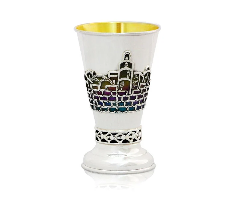 Silver Jerusalem Multicolored Enamel Kiddush Cup - Image 2