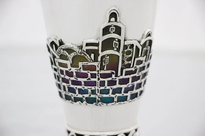 Silver Jerusalem Multicolored Enamel Kiddush Cup - Image 3