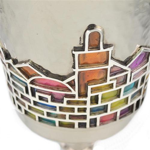 Kiddush Cup - Enamel Rainbow Jerusalem Hammered Silver Stem - Image 2