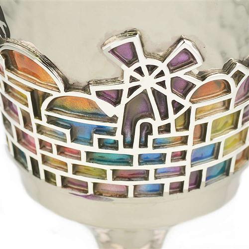 Kiddush Cup - Enamel Rainbow Jerusalem Hammered Silver Stem - Image 4