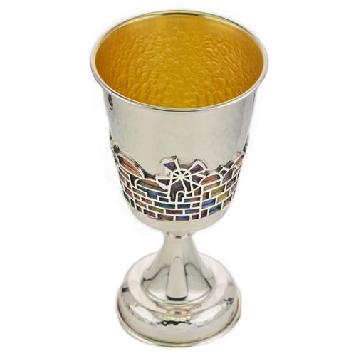 Kiddush Cup - Enamel Rainbow Jerusalem Hammered Silver Stem - Image 5