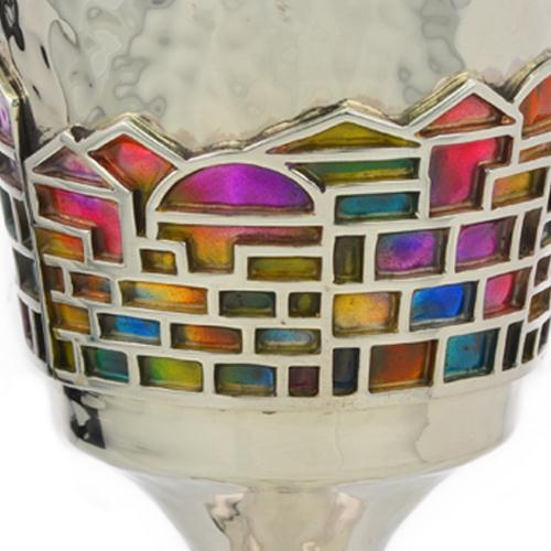 Kiddush Cup - Enamel Rainbow Jerusalem Hammered Silver Stem - Image 6