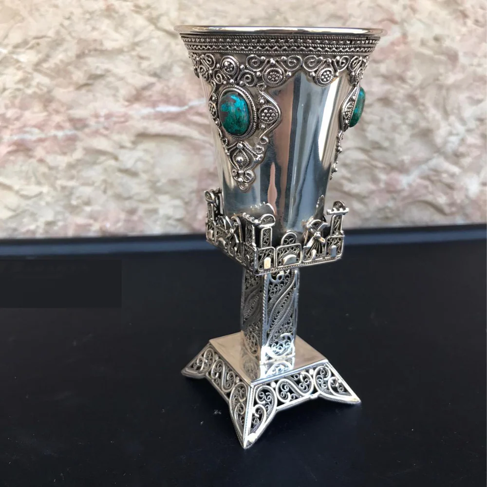 Kiddush Cup - Jerusalem Skyline Eilat Stone Sterling Silver Square - Image 3