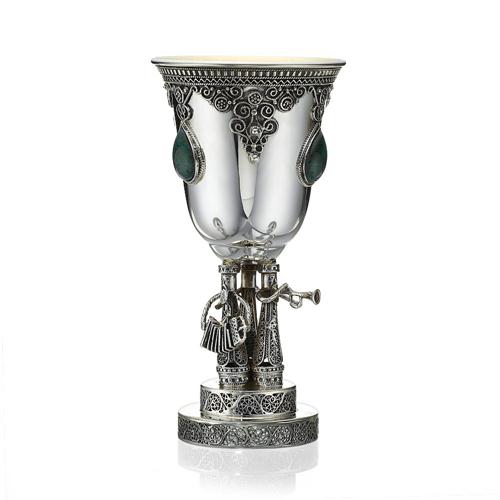 Round Kiddush Cup with Hasidic Musicians - Eilat Stones and Sterling Silver