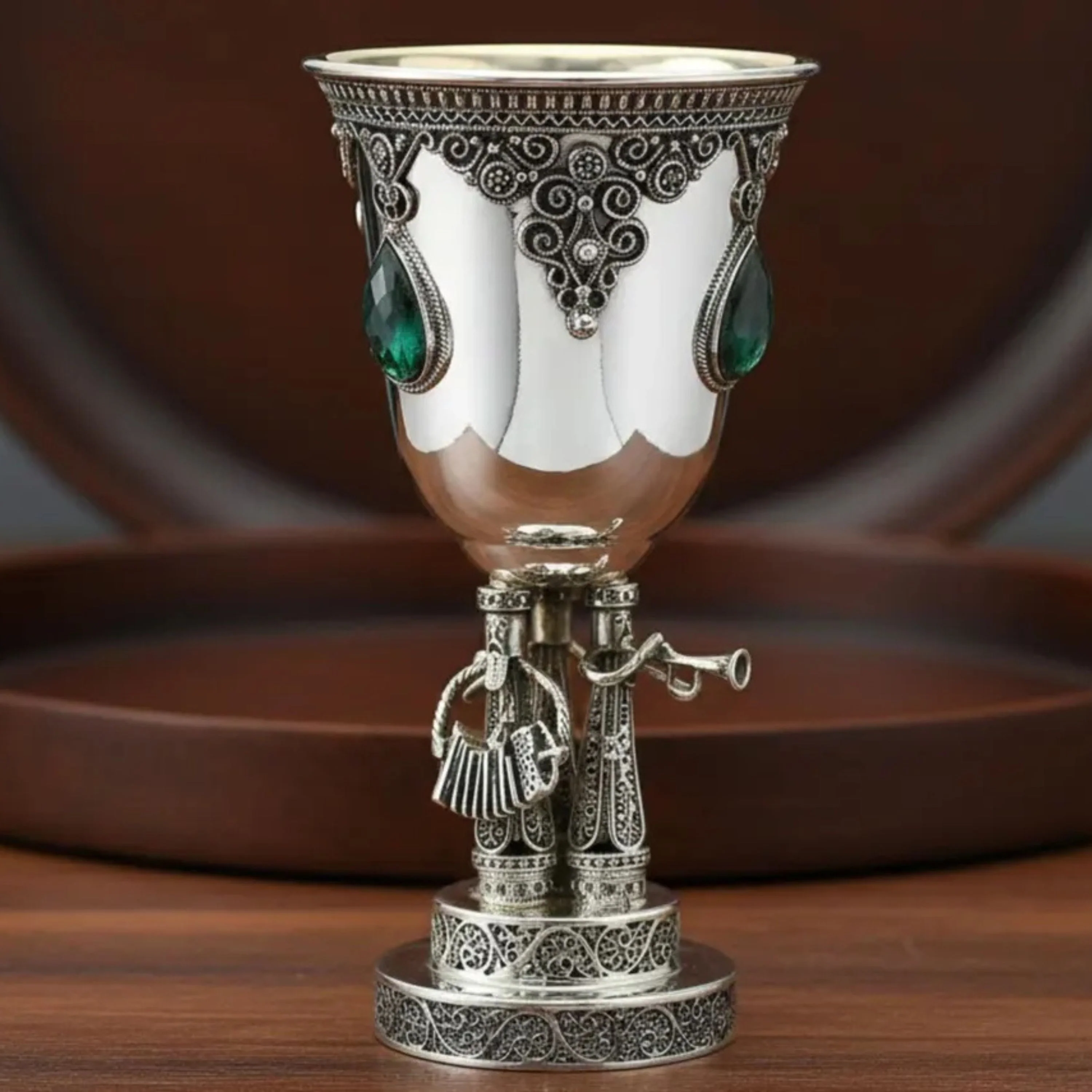 Round Kiddush Cup with Hasidic Musicians - Eilat Stones and Sterling Silver - Image 2