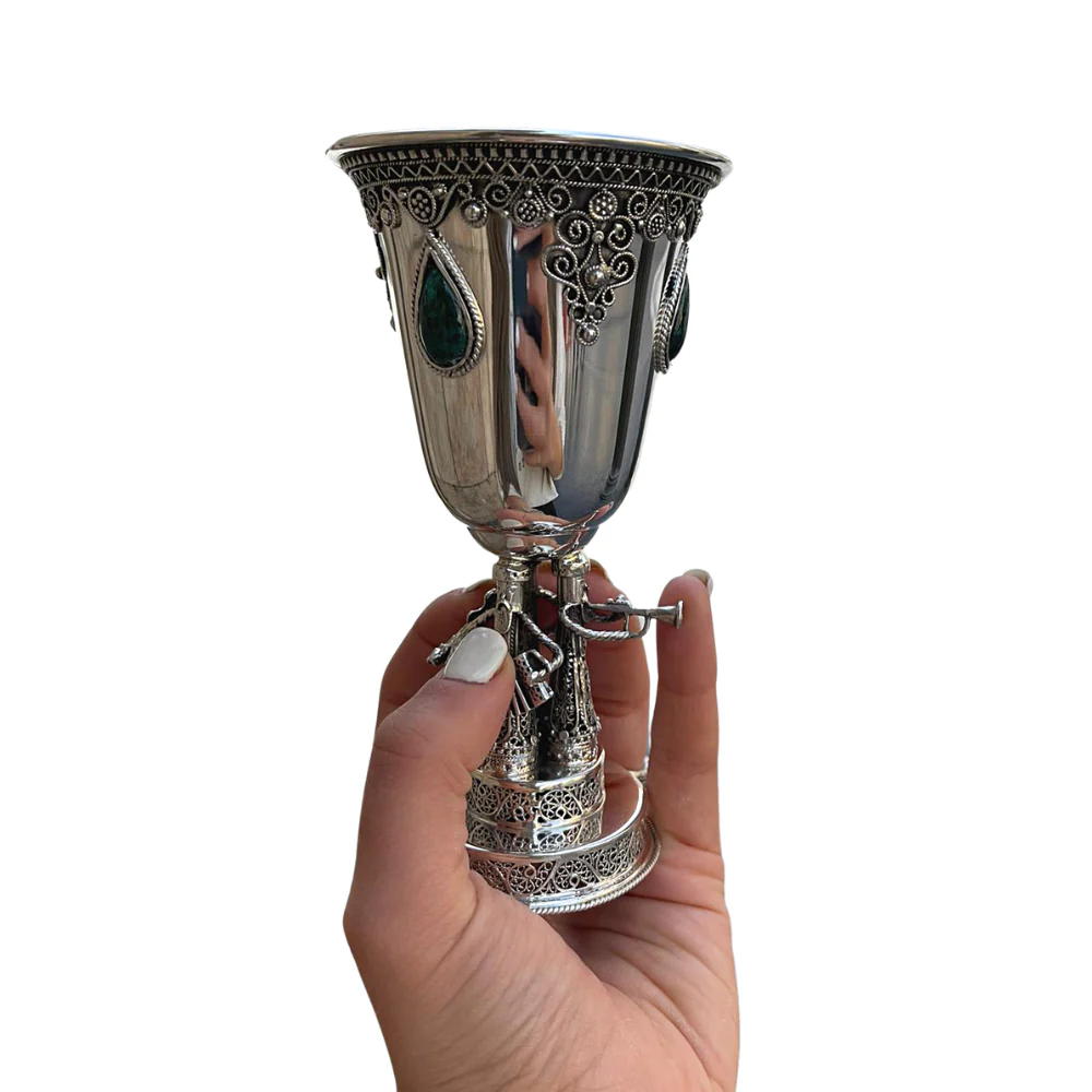 Round Kiddush Cup with Hasidic Musicians - Eilat Stones and Sterling Silver - Image 4