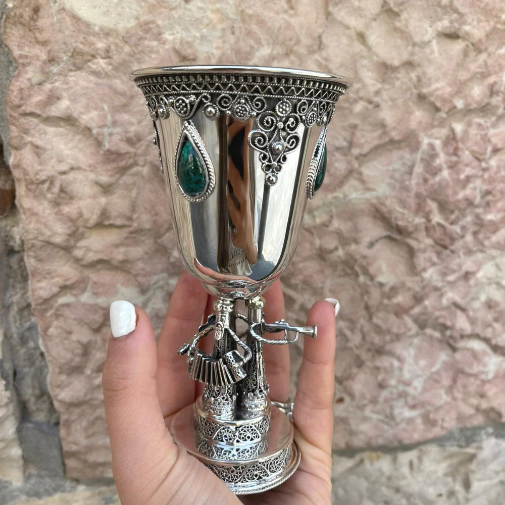 Round Kiddush Cup with Hasidic Musicians - Eilat Stones and Sterling Silver - Image 6