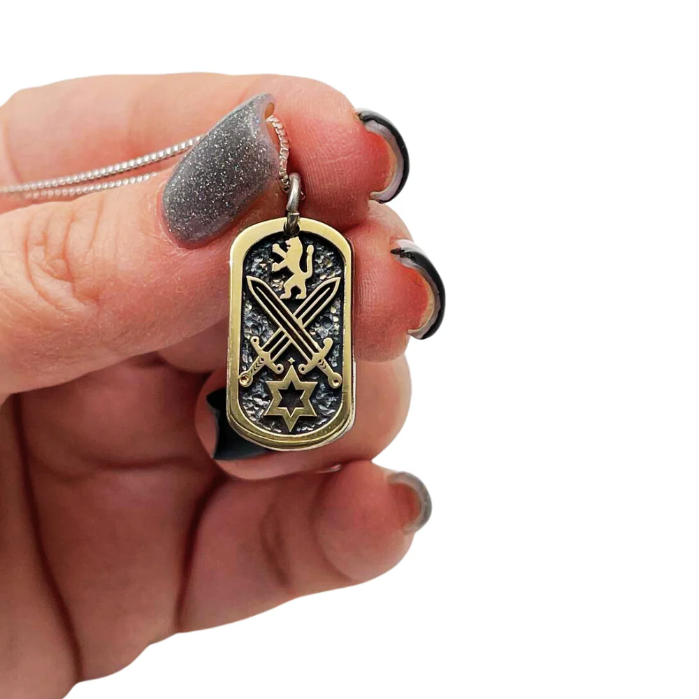 War of Iron Swords Tag Pendant with Star of David & Lion of Judah in 9K Gold and Sterling Silver - Image 2