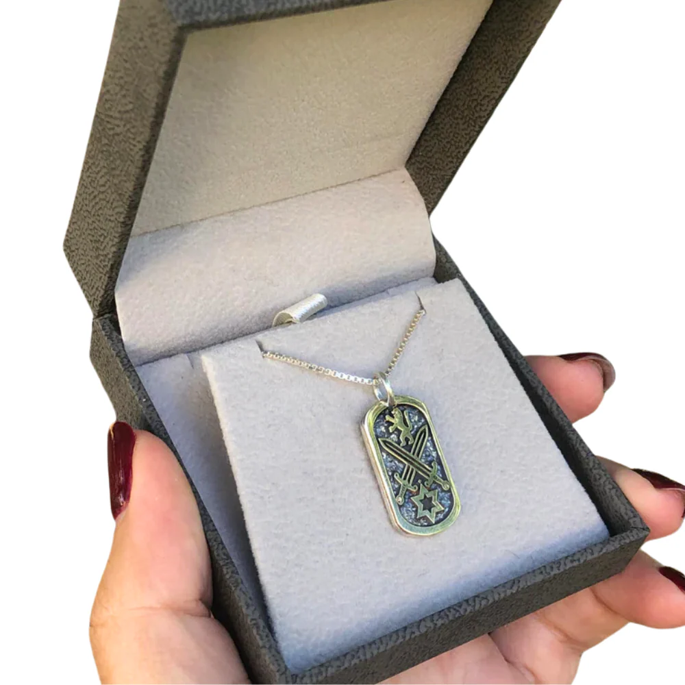 War of Iron Swords Tag Pendant with Star of David & Lion of Judah in 9K Gold and Sterling Silver - Image 4