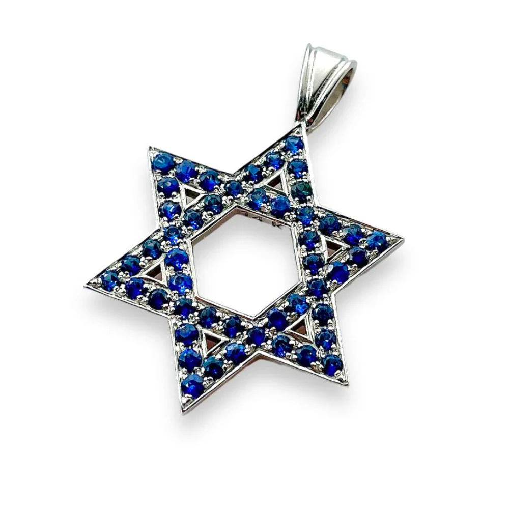 Star of David Pendant with Sapphires in 14K Gold - Large