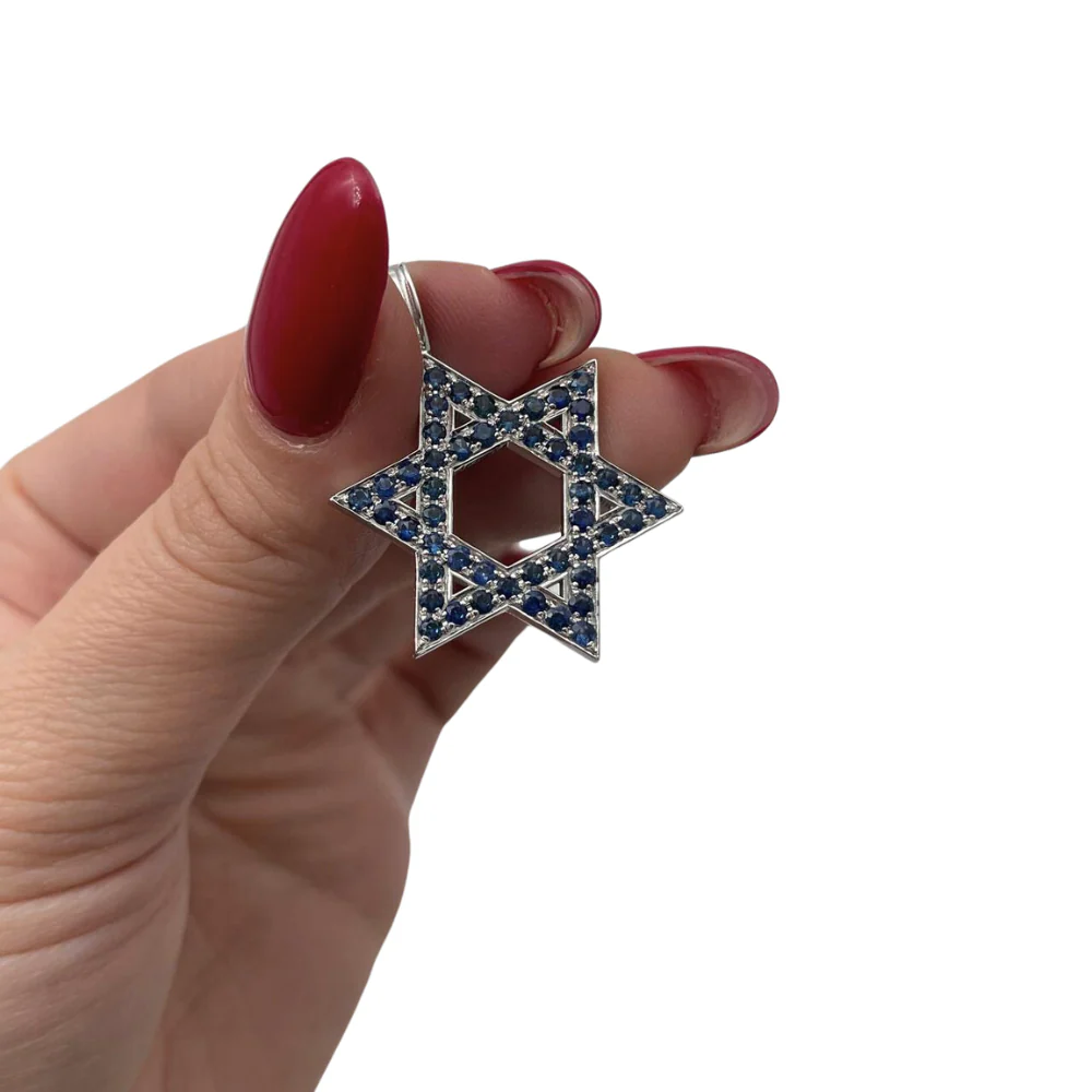 Star of David Pendant with Sapphires in 14K Gold - Large - Image 2